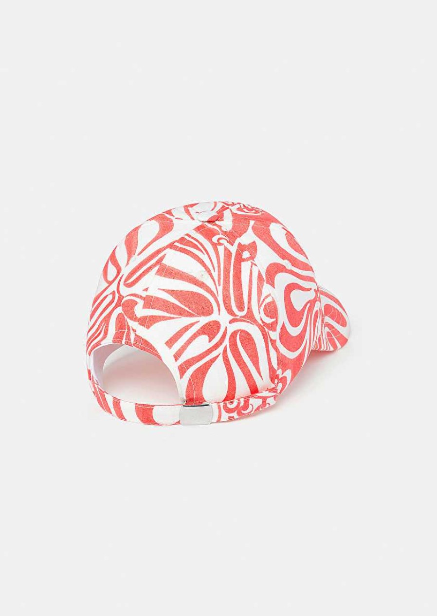 TARA JARMON Carole Ecru With Coral Graphic Design Cap Accessories