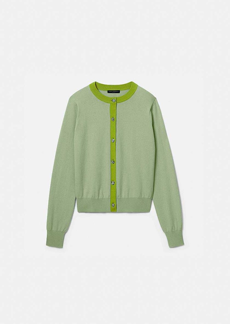 TARA JARMON Gaelle Green Cotton And Wool Cardigan Knitwears