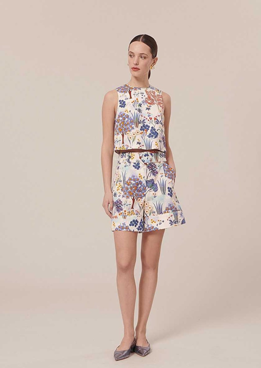 TARA JARMON Teresa Blue Floral Printed Linen And Cotton Top Tops