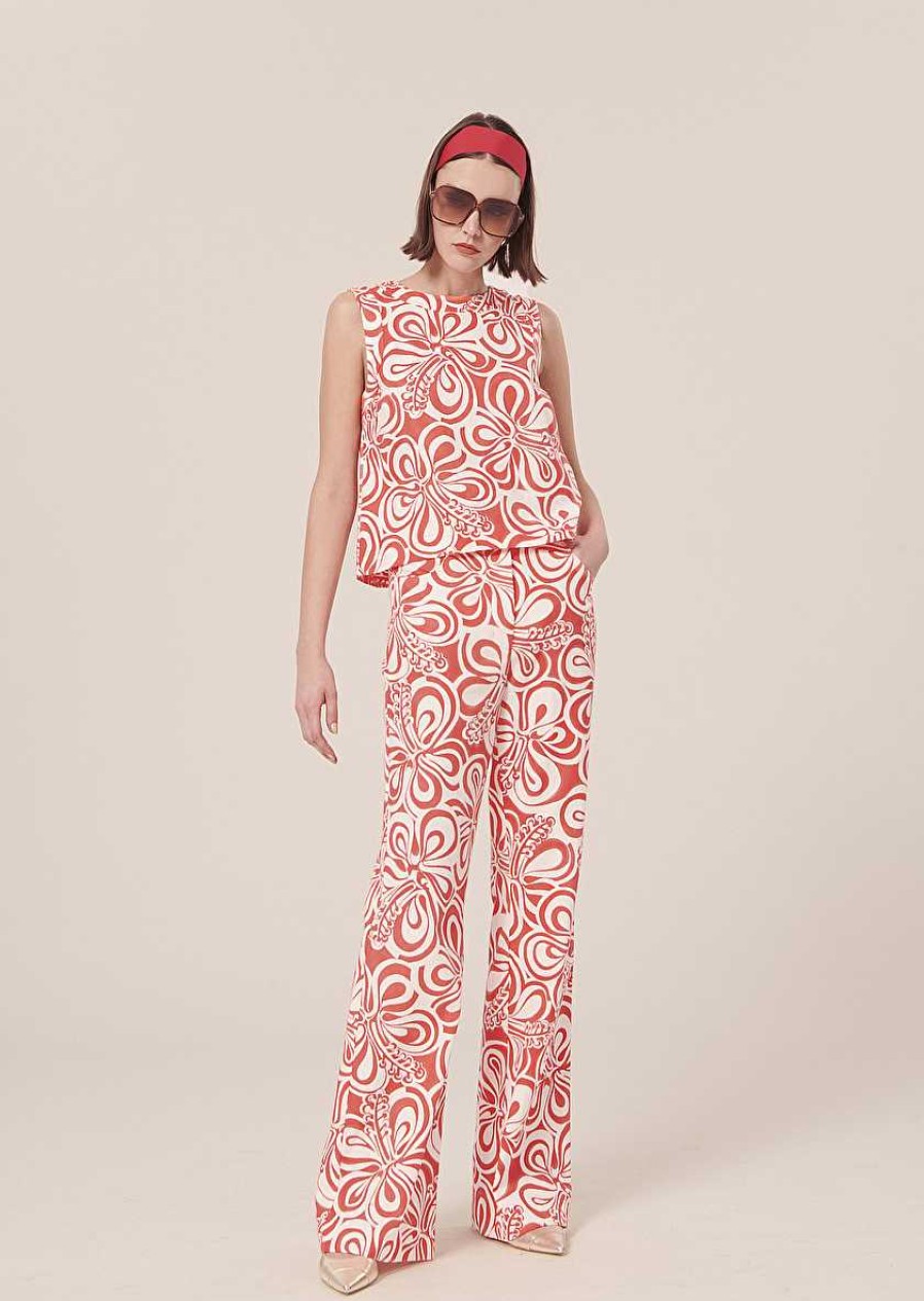 TARA JARMON Prosper Ecru With Coral Graphic Design Pants Jeans & Pants