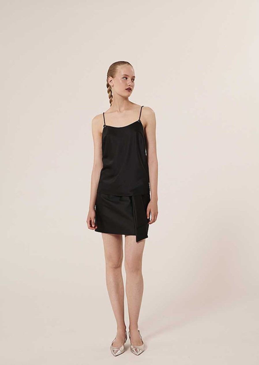 TARA JARMON Tess Black Fluid Satin Tank Top Tops