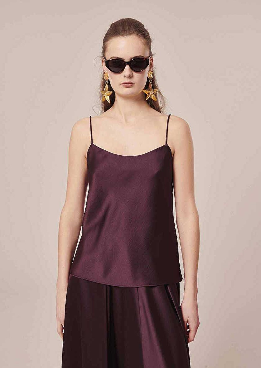 TARA JARMON Tess Brown Fluid Satin Top Tops