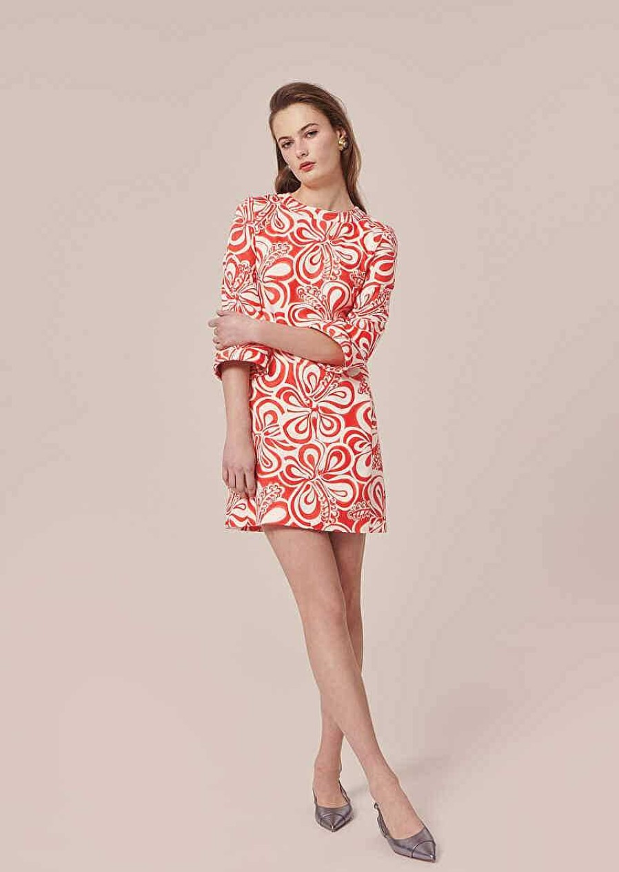 TARA JARMON Rivanna Ecru With Coral Graphic Design Cotton Dress Dresses