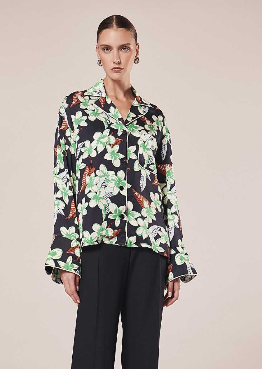 TARA JARMON Calvi Midnight Blue Flower Printed Shirt Tops