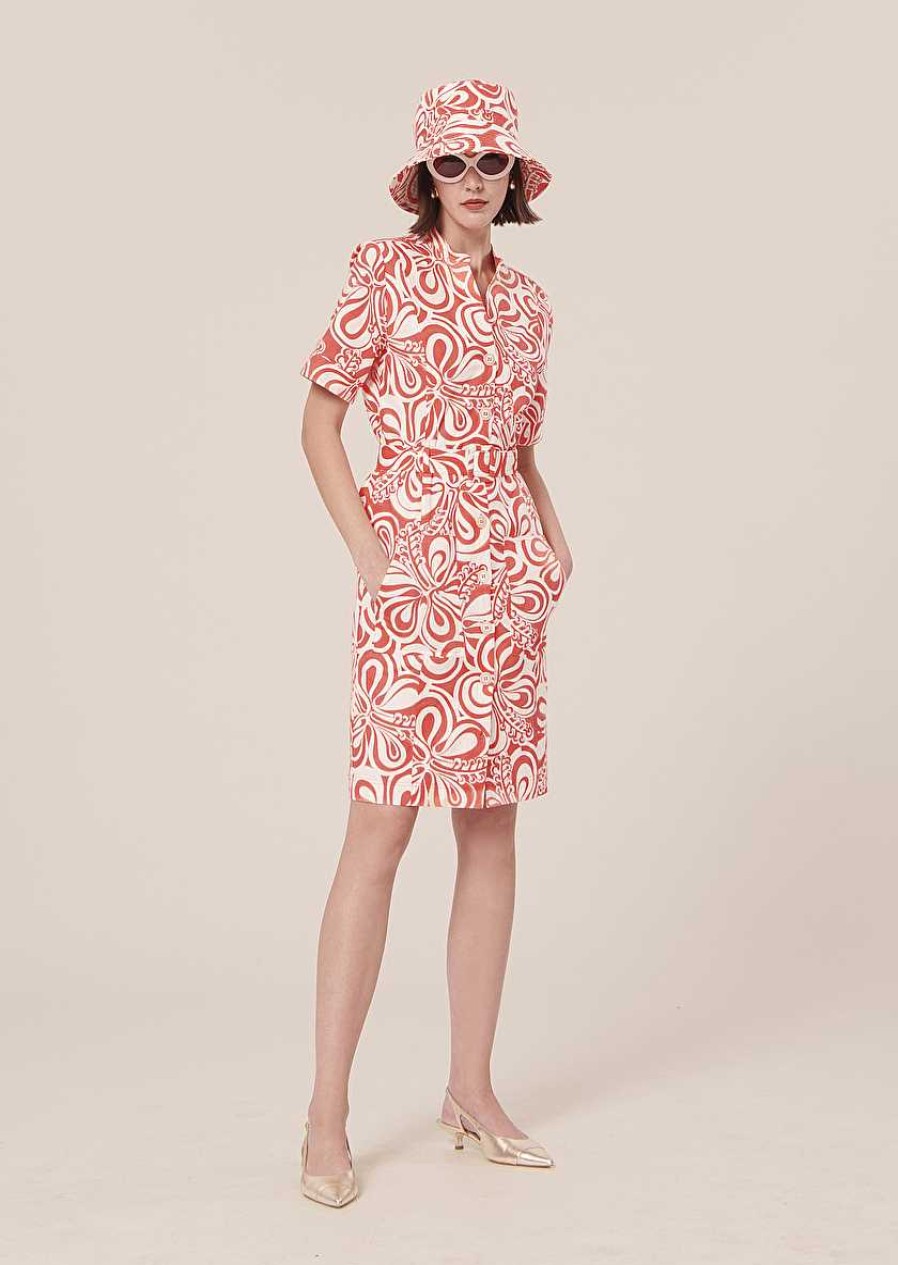 TARA JARMON Rosemarine Ecru With Coral Graphic Design Cotton Dress Dresses