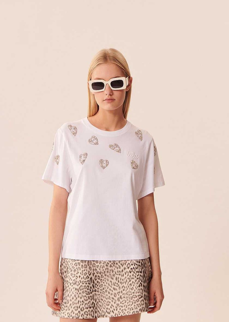 TARA JARMON White Taralove T-Shirt In Embroidered Cotton Tops