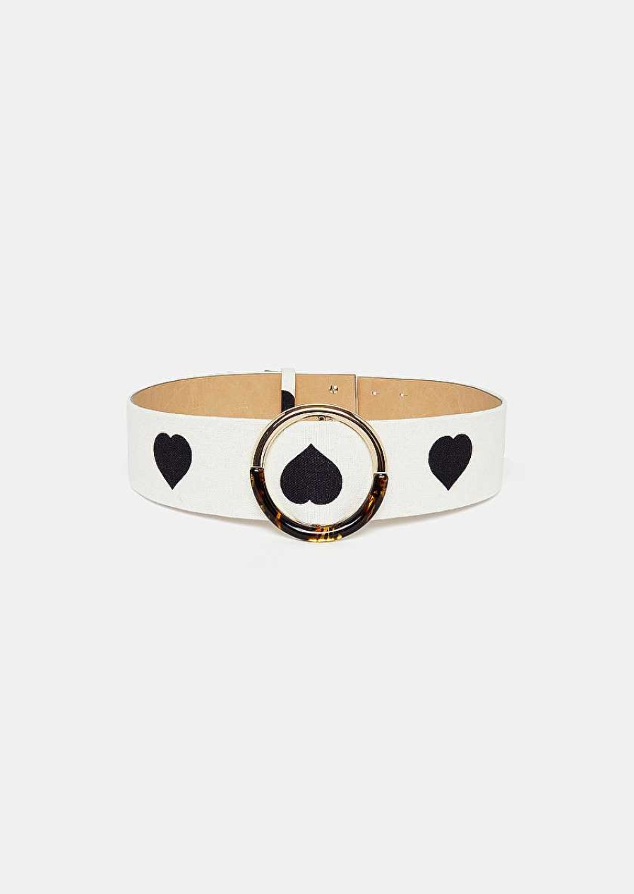 TARA JARMON Lauren Ecru With Black Polka Hearts Leather Belt Accessories