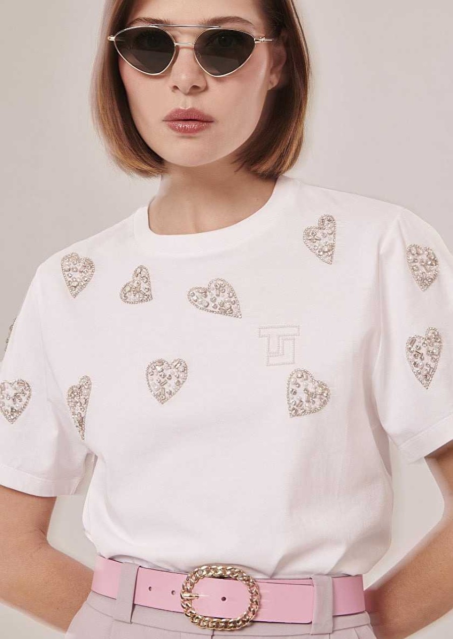 TARA JARMON Taralove White Embroidered Jersey T-Shirt Tops