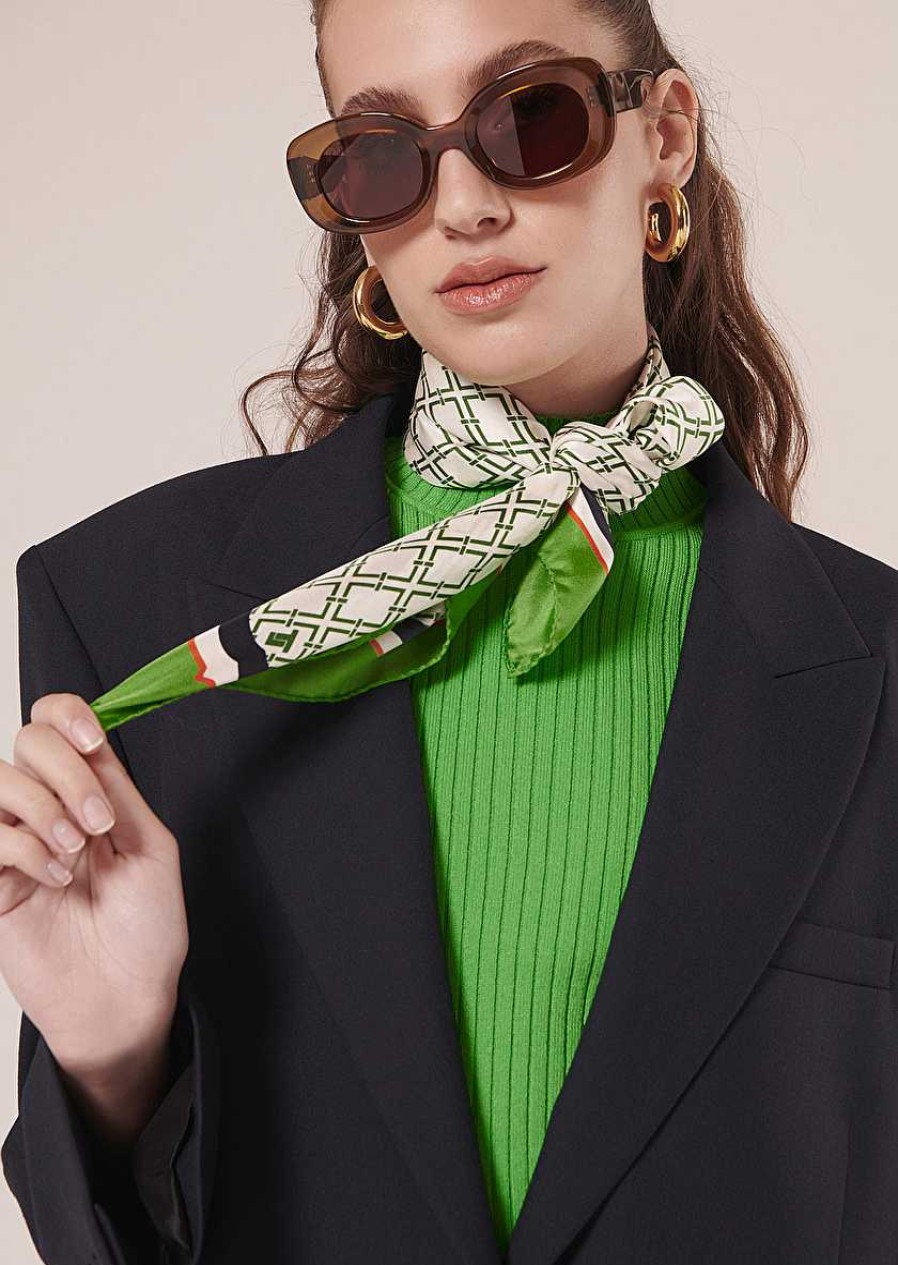 TARA JARMON Eileen Ecru With Green Graphic Design Silk Scarf Accessories