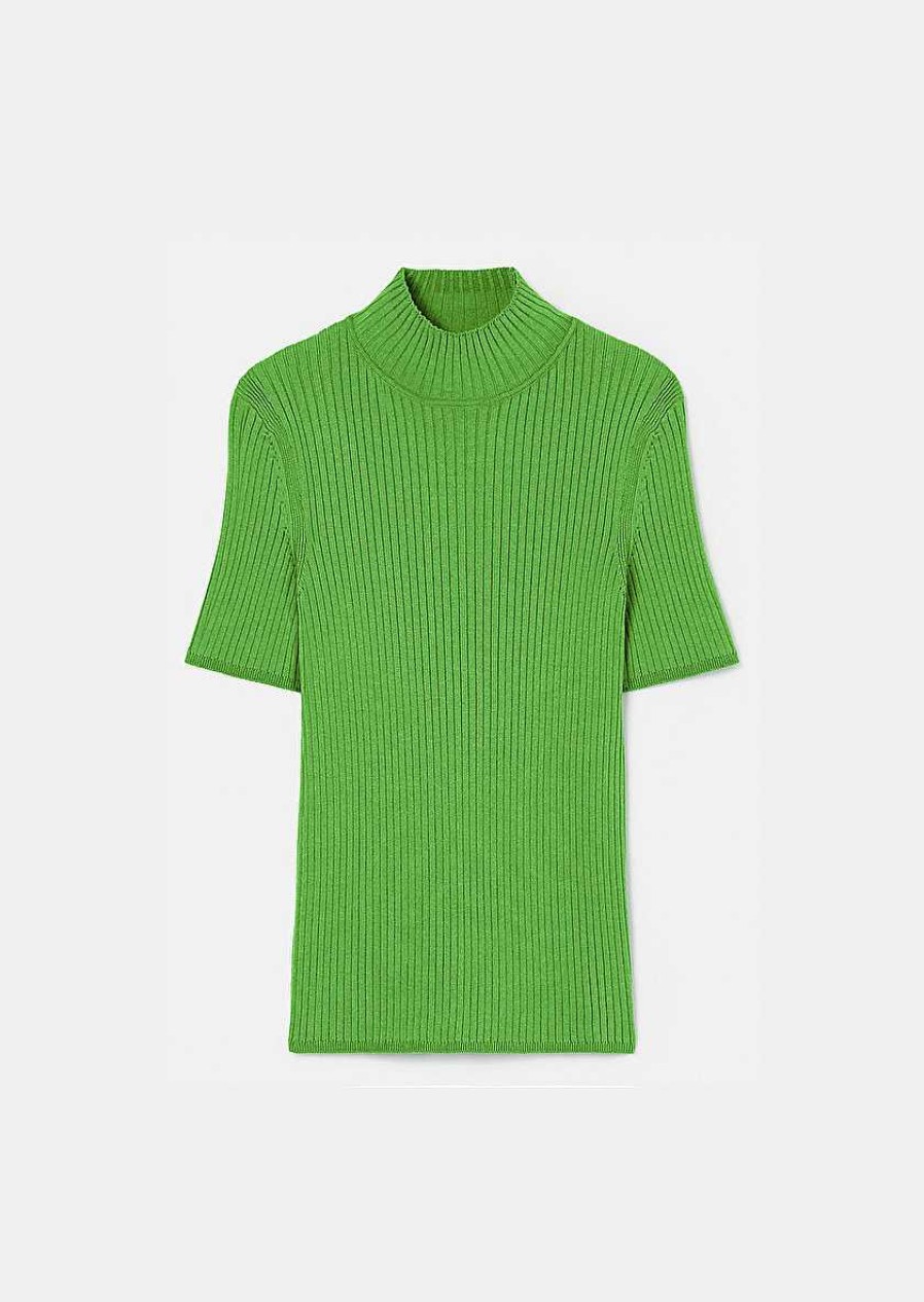 TARA JARMON Perla Green Ribbed Top Knitwears