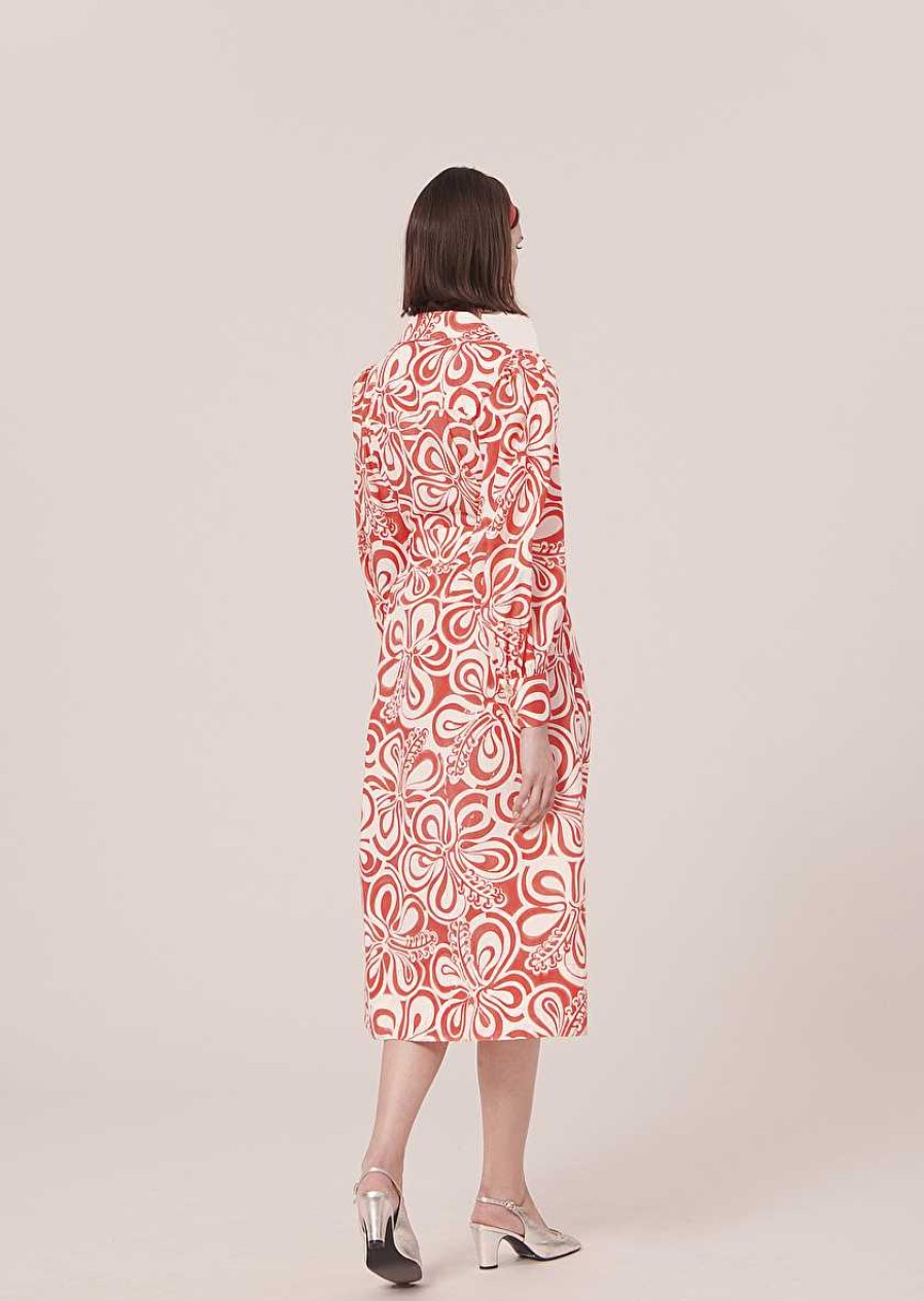 TARA JARMON Rivolta Ecru With Coral Graphic Design Poplin Dress Dresses