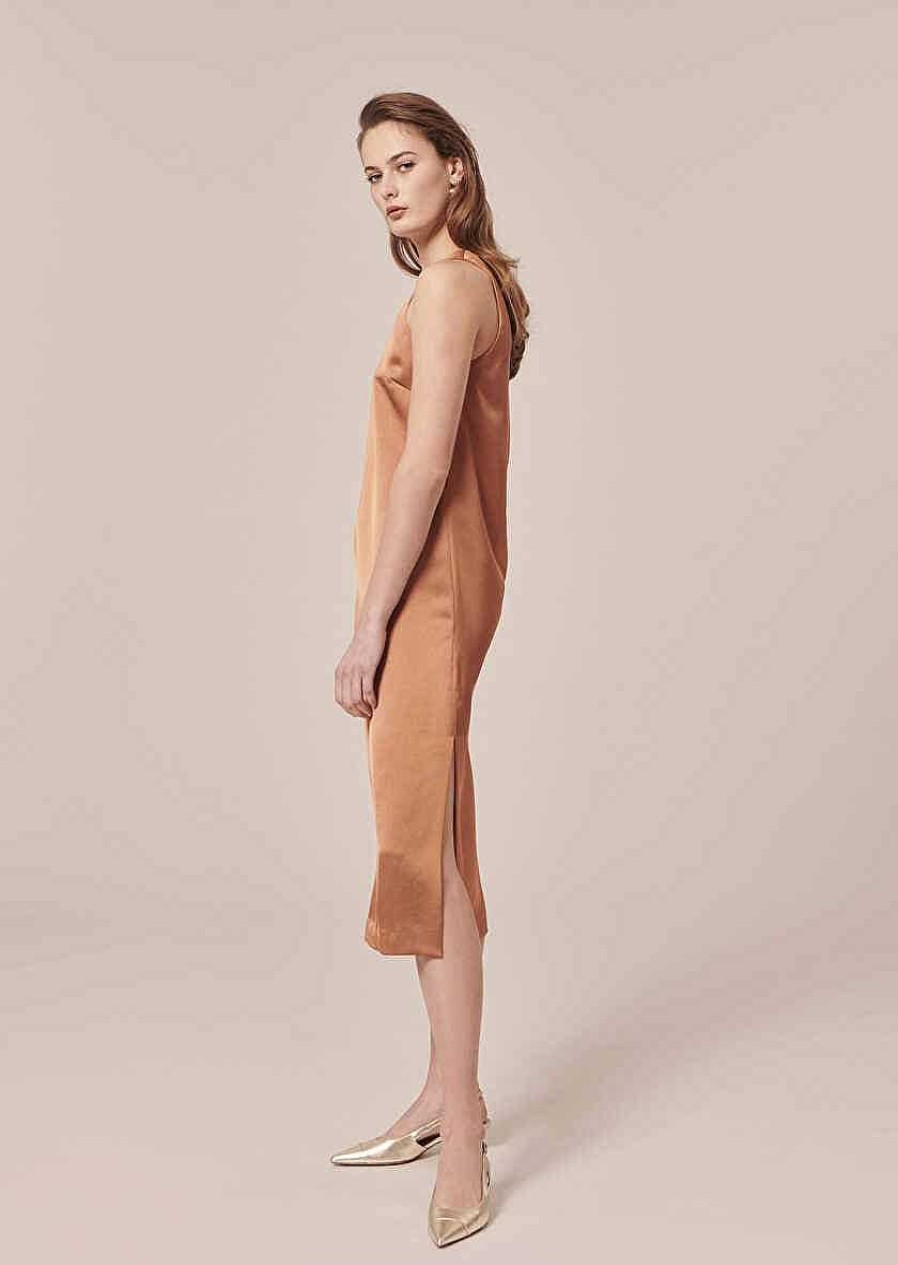 TARA JARMON Roselyne Brown Dess In Fluid Satin Dresses