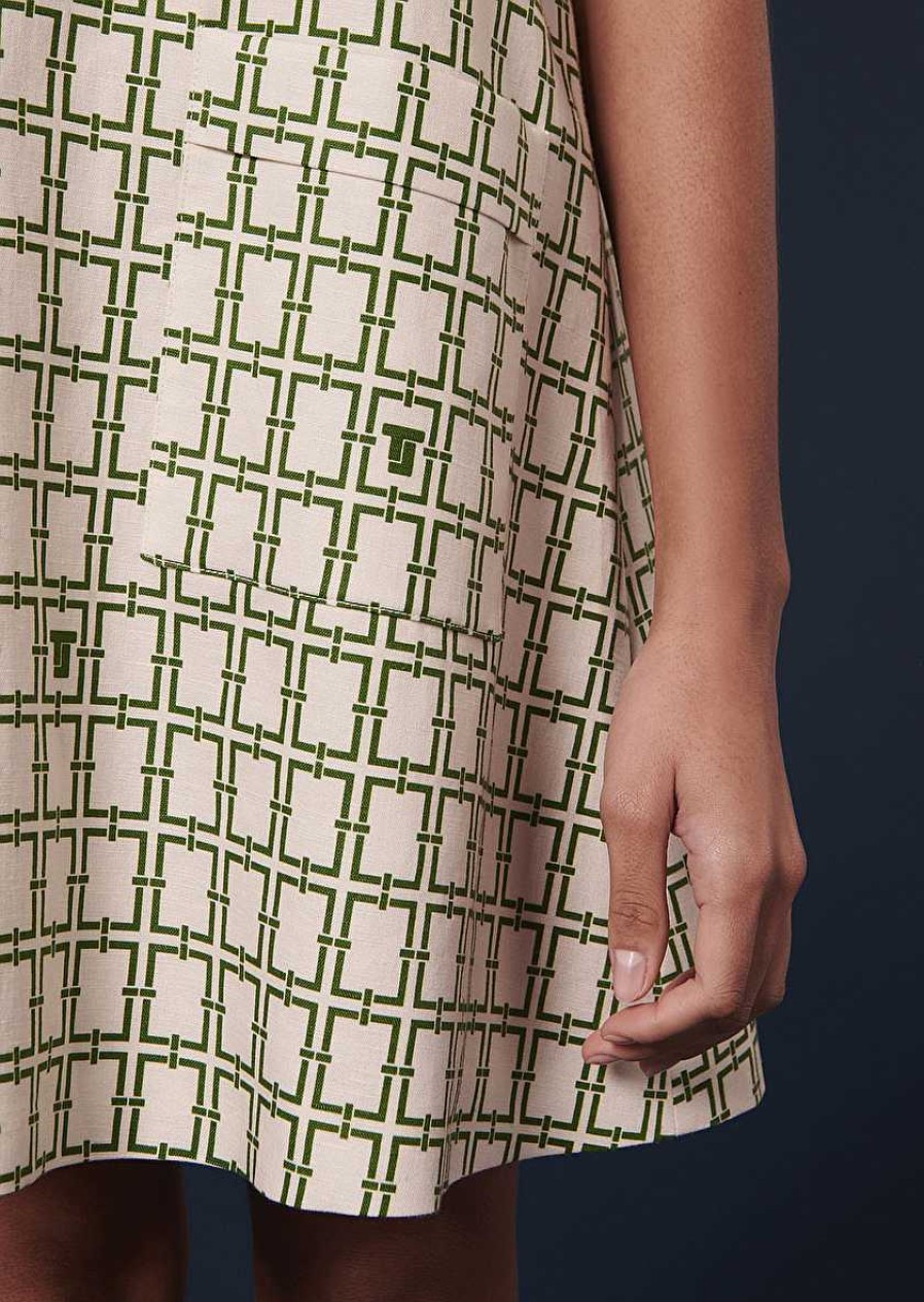 TARA JARMON Romarin Ecru With Green Graphic Design Dress Dresses