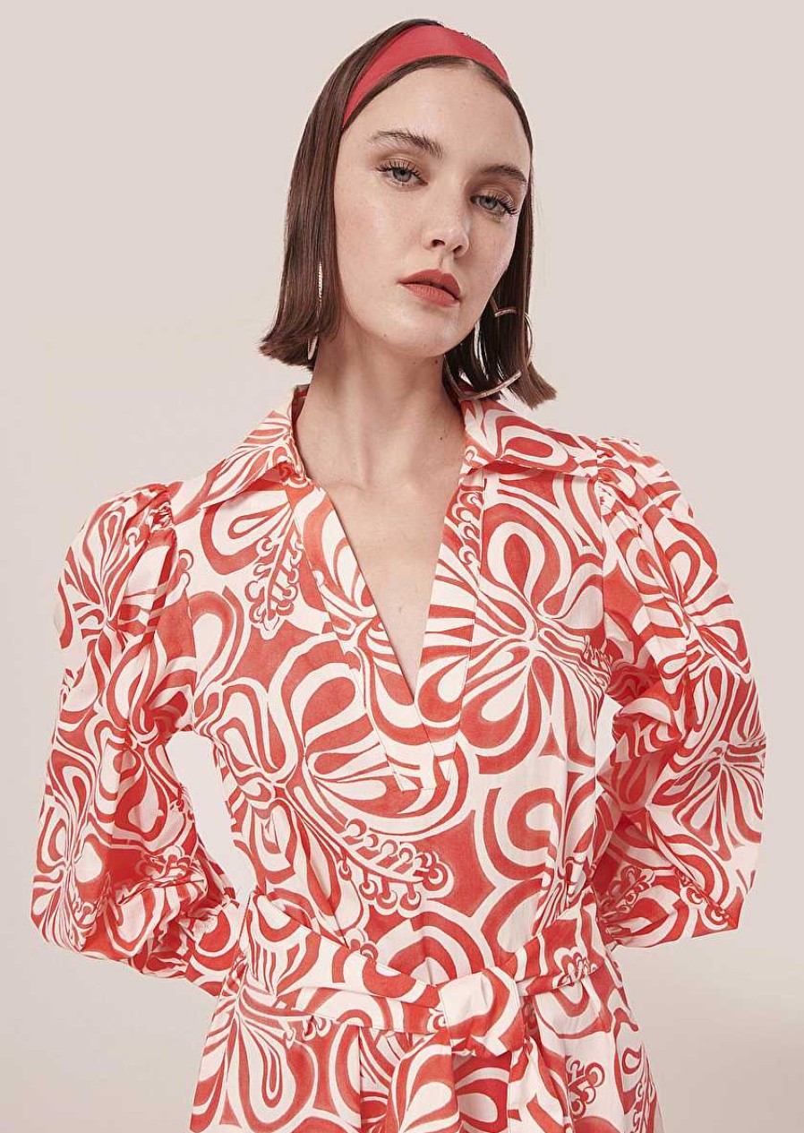 TARA JARMON Rivolta Ecru With Coral Graphic Design Poplin Dress Dresses