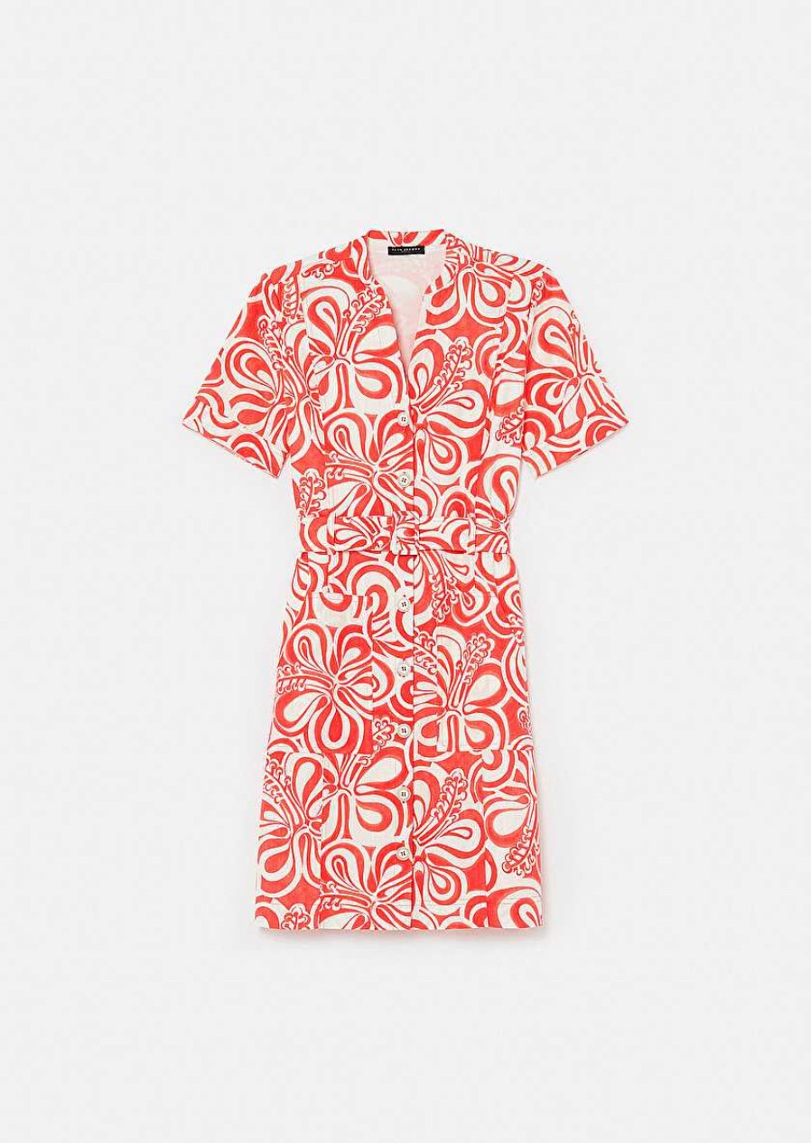 TARA JARMON Rosemarine Ecru With Coral Graphic Design Cotton Dress Dresses