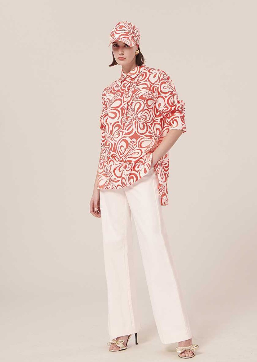 TARA JARMON Tallulah Ecru With Coral Graphic Design Top Tops