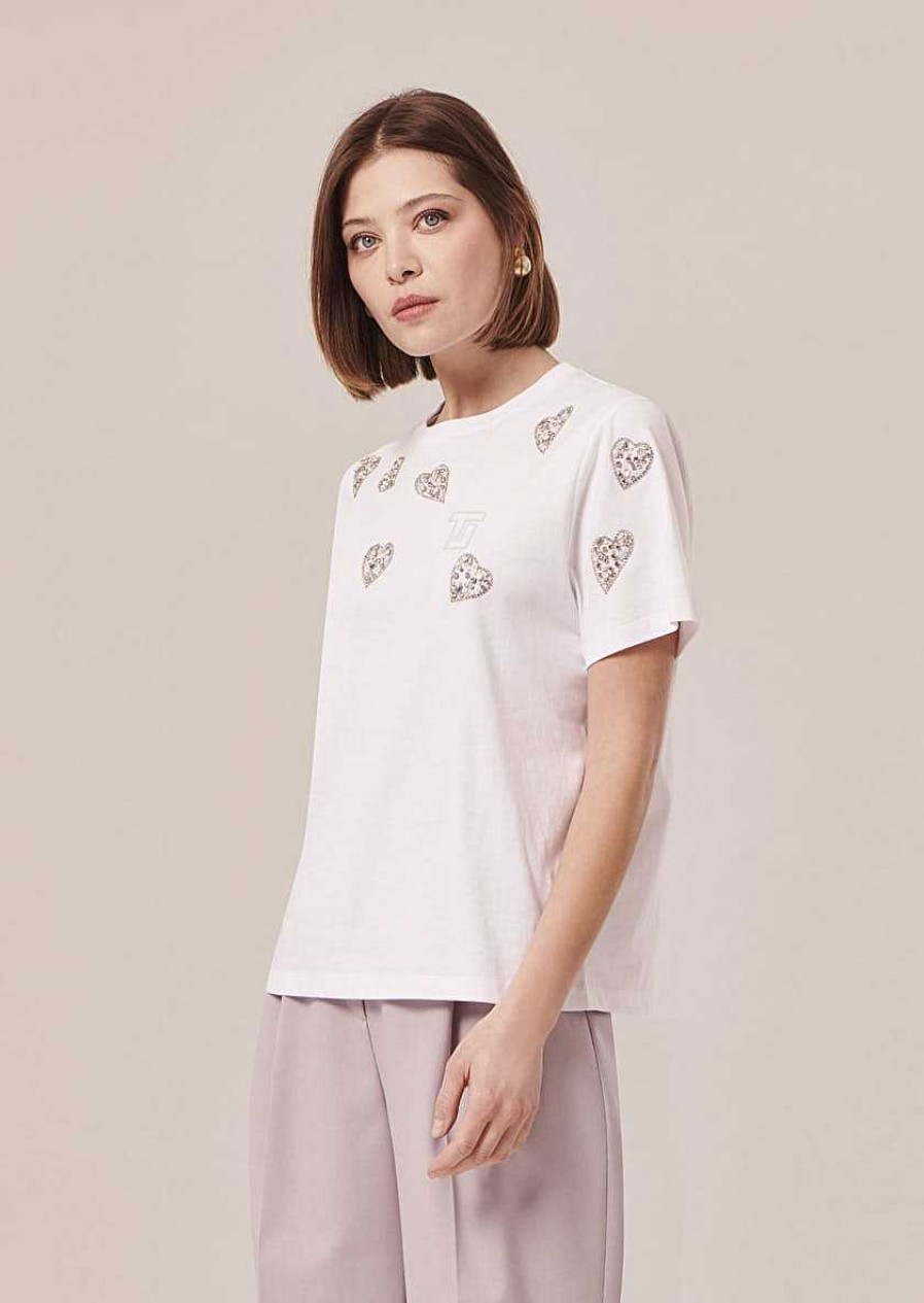 TARA JARMON Taralove White Embroidered Jersey T-Shirt Tops