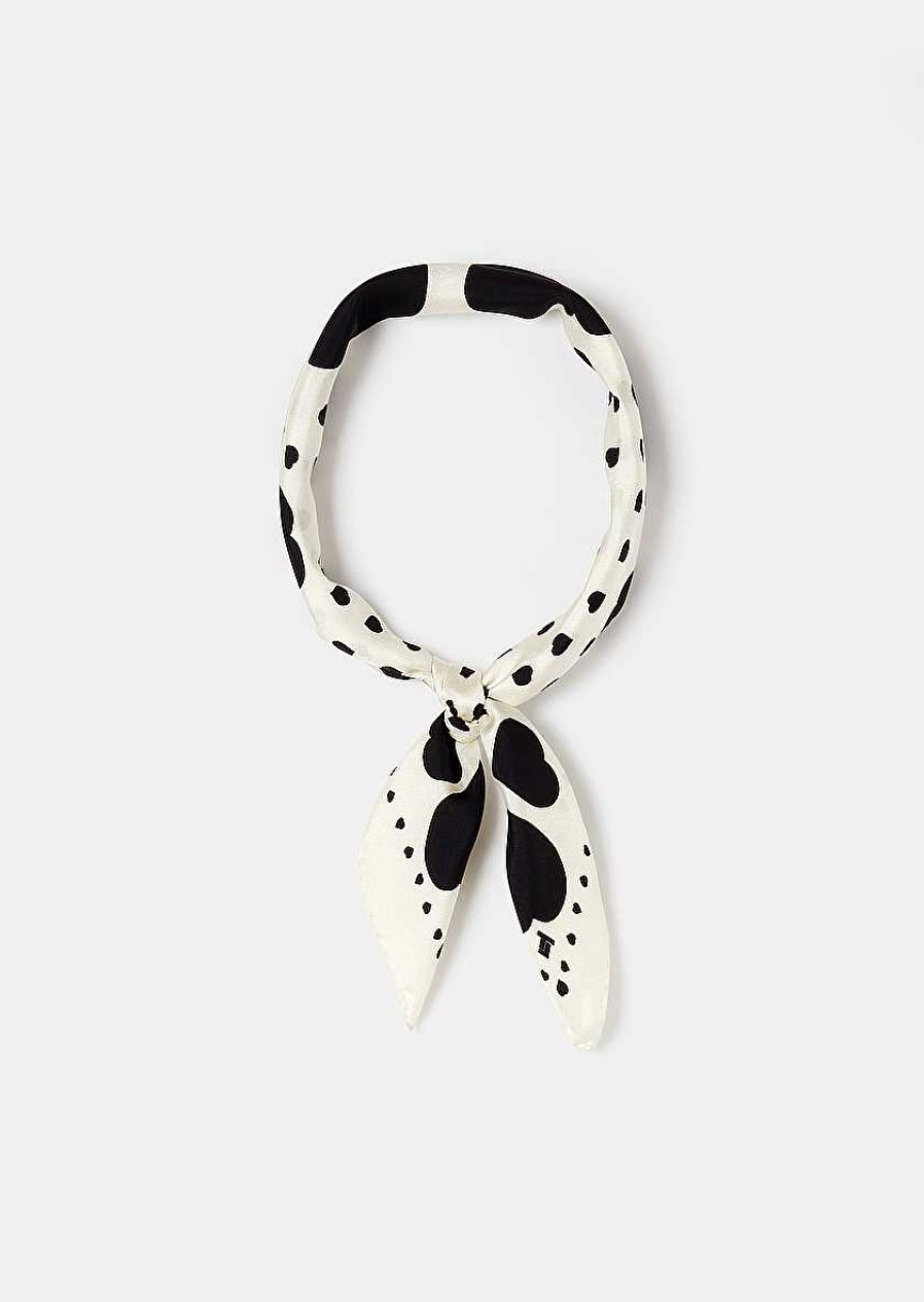 TARA JARMON Estee Ecru With Black Polka Hearts Silk Scarf Accessories