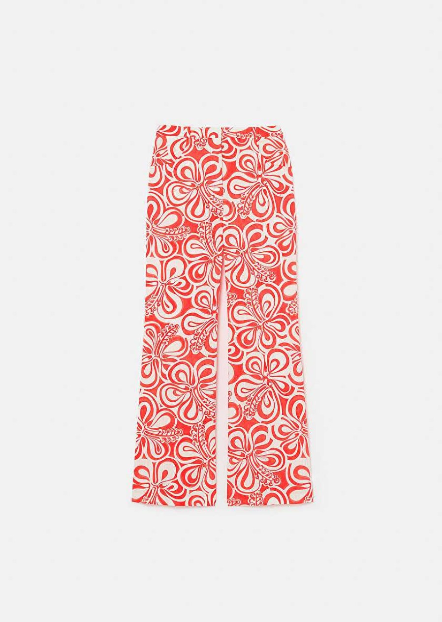 TARA JARMON Prosper Ecru With Coral Graphic Design Pants Jeans & Pants