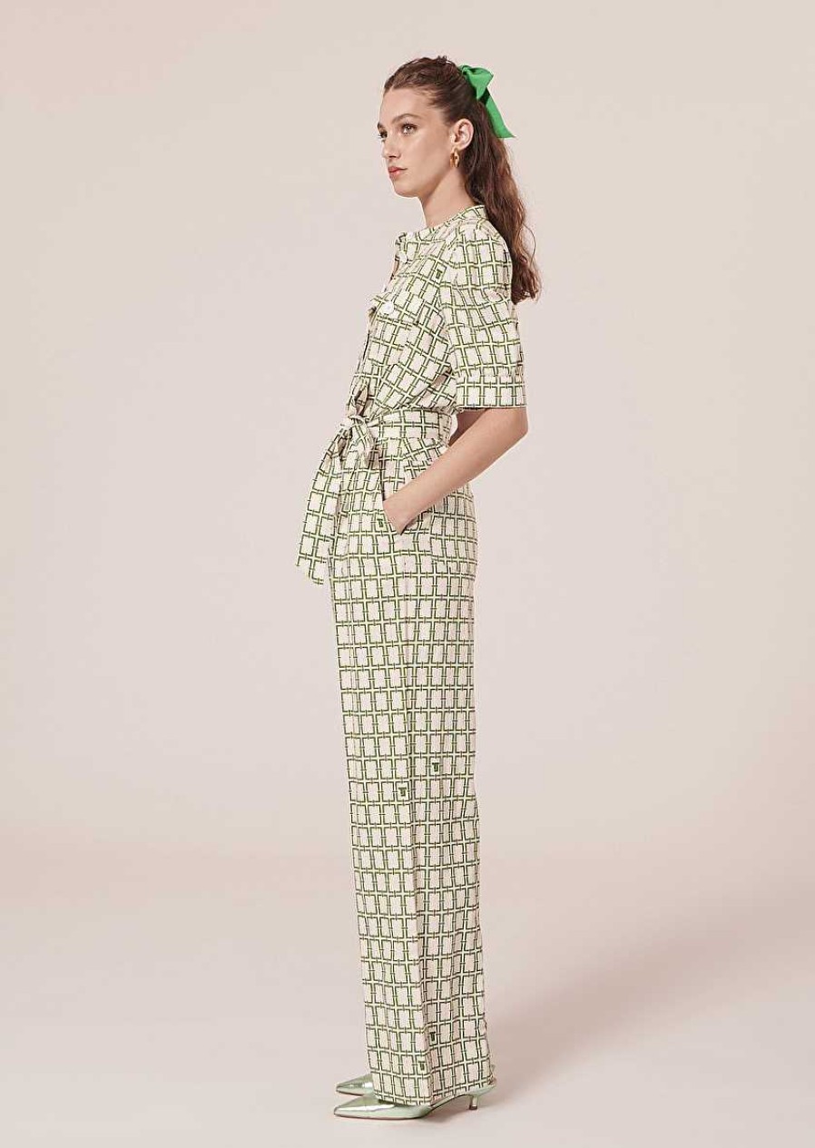 TARA JARMON Carina Ecru With Green Graphic Design Jumpsuit Dresses