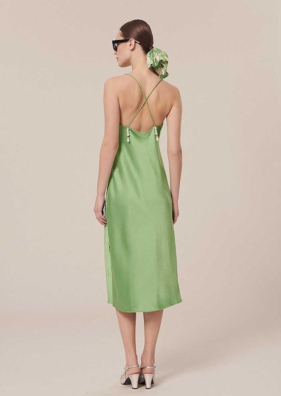 TARA JARMON Reane Green Flowing Satin Dress Dresses