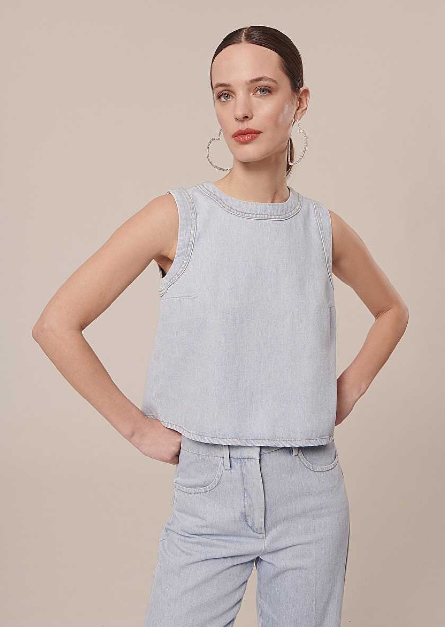 TARA JARMON Tokono Light Blue Denim Top Tops