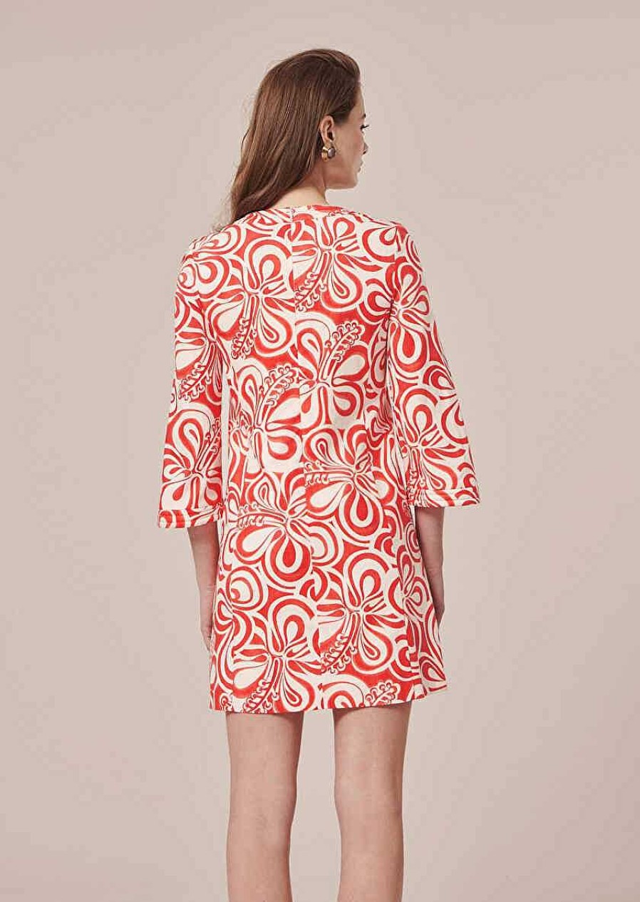 TARA JARMON Rivanna Ecru With Coral Graphic Design Cotton Dress Dresses