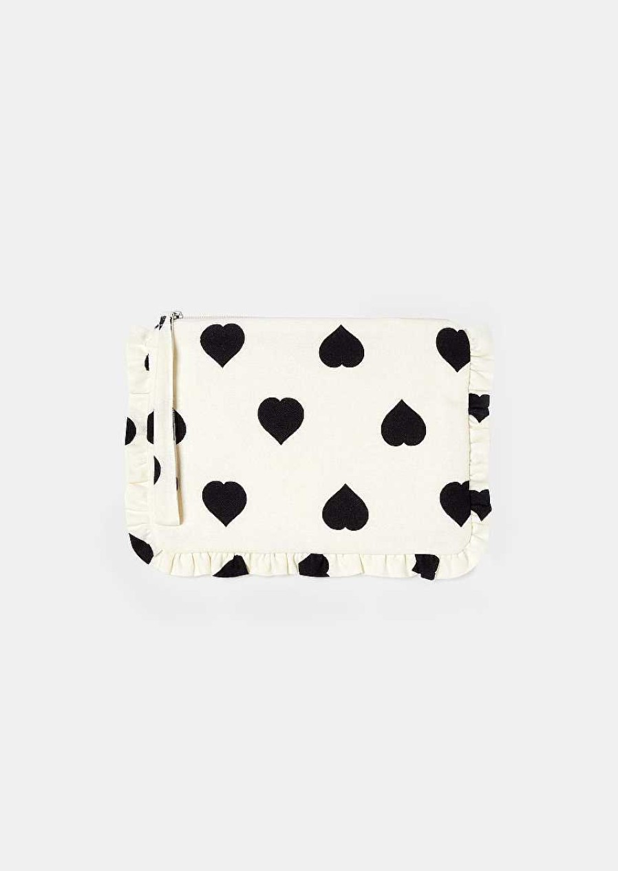 TARA JARMON Sabrina Ecru With Black Polka Hearts Soft Clutch Accessories