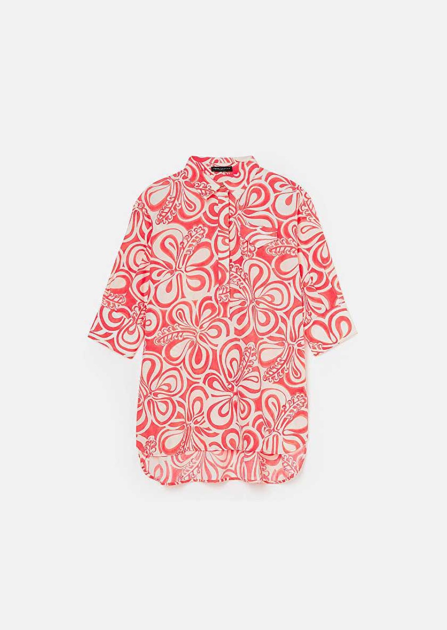 TARA JARMON Tallulah Ecru With Coral Graphic Design Top Tops