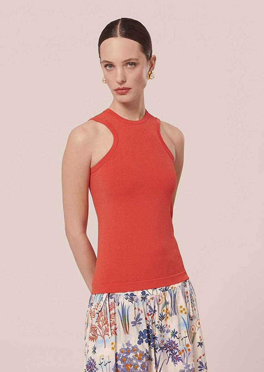 TARA JARMON Paige Coral Iridescent Knit Top Knitwears