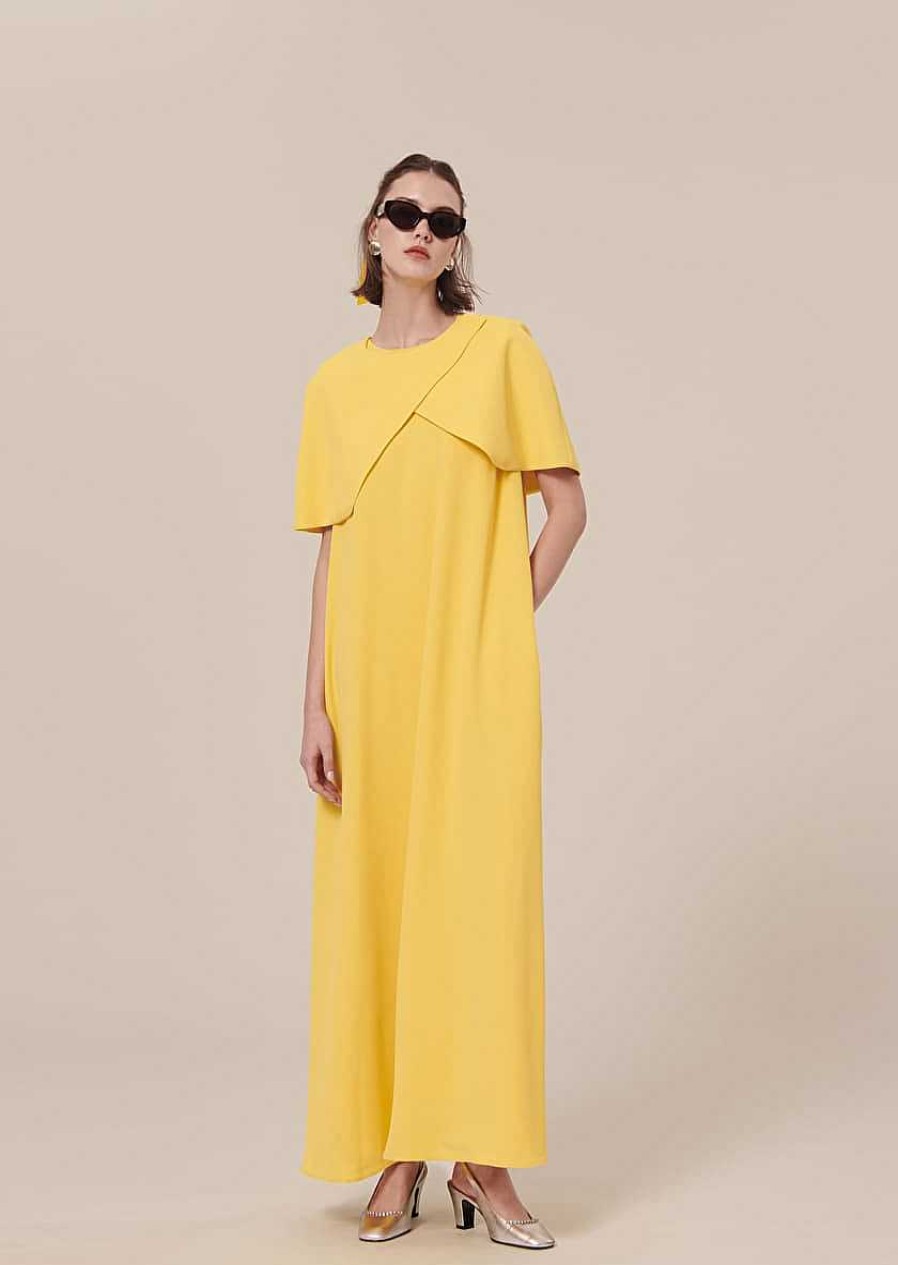 TARA JARMON Valentina Yellow Crepe Cape Jackets & Coats