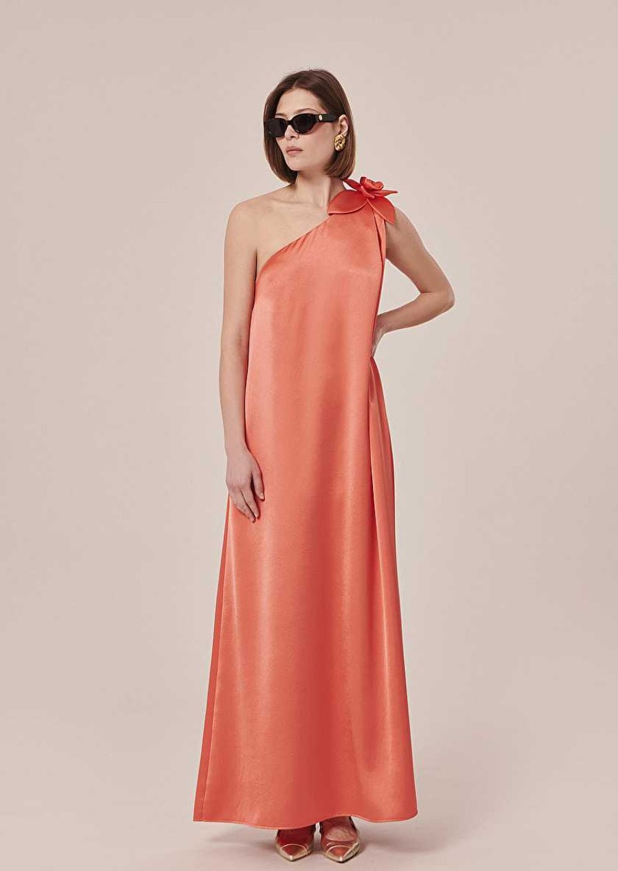 TARA JARMON Rekia Coral Dress In Fluid Satin Dresses