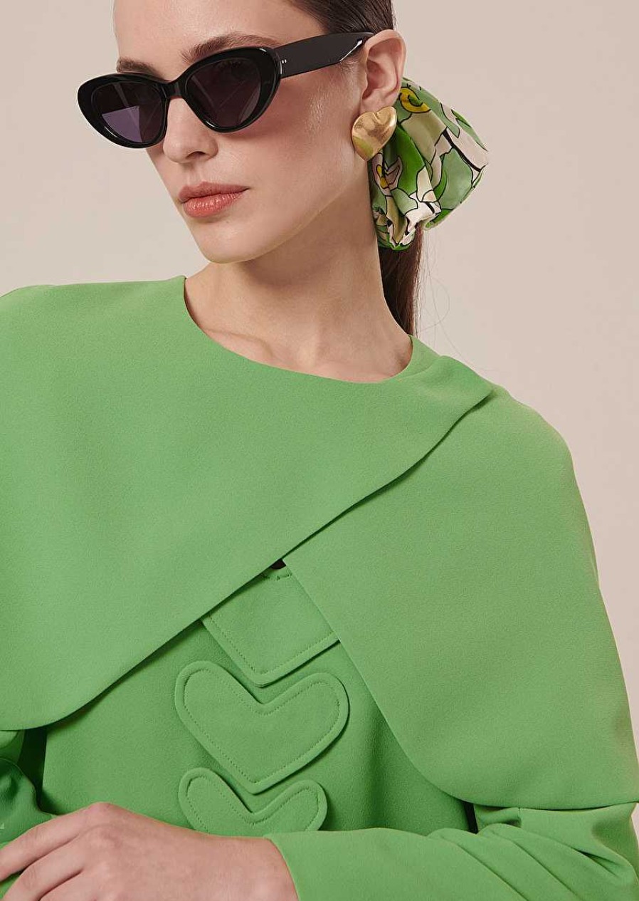 TARA JARMON Valentina Green Crepe Cape Jackets & Coats